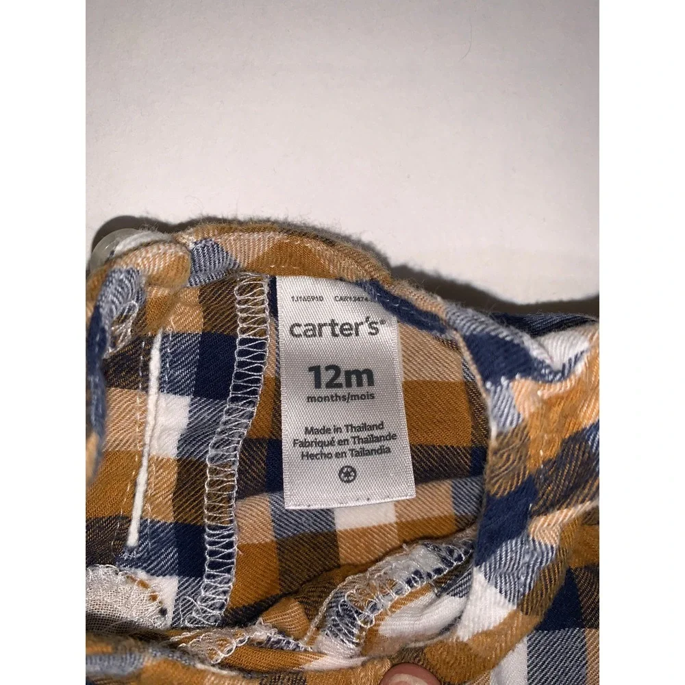 Carters 12M Mustard Yellow Navy Blue Gingham Plaid Long Sleeve Bow‎ Top 1J165910